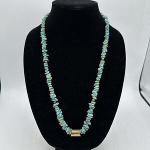 Vintage Turquoise Chips Necklace Brass Accents 35” Green Blue